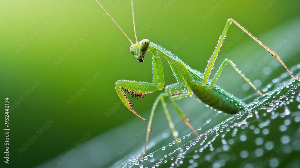 Dew-Covered Praying Mantis on a Spiderweb Dew-Covered Praying Mantis on a Spiderweb