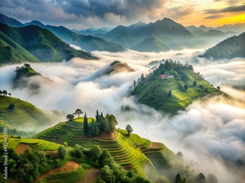 Mysterious fog envelops the rugged, verdant high mountain landscape in Sapa, Vietnam, shrouding it in an ethereal mist, evoking a sense of serene isolation.