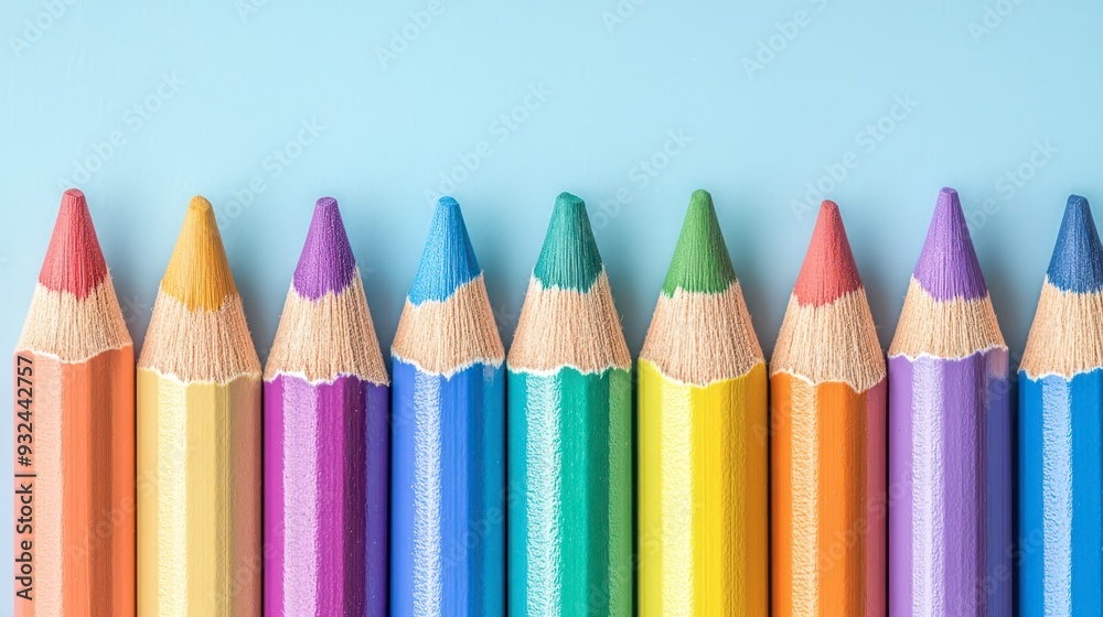 Colorful pencils arranged in a row on a blue background Colorful pencils arranged in a row on a blue background