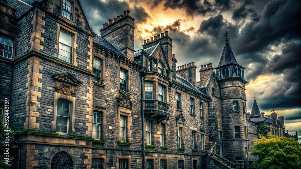 Fototapeta premium Mysterious urban scene featuring a dark, weathered stone building with intricate architectural details and rugged, rough-hewn texture against a moody, overcast sky backdrop.