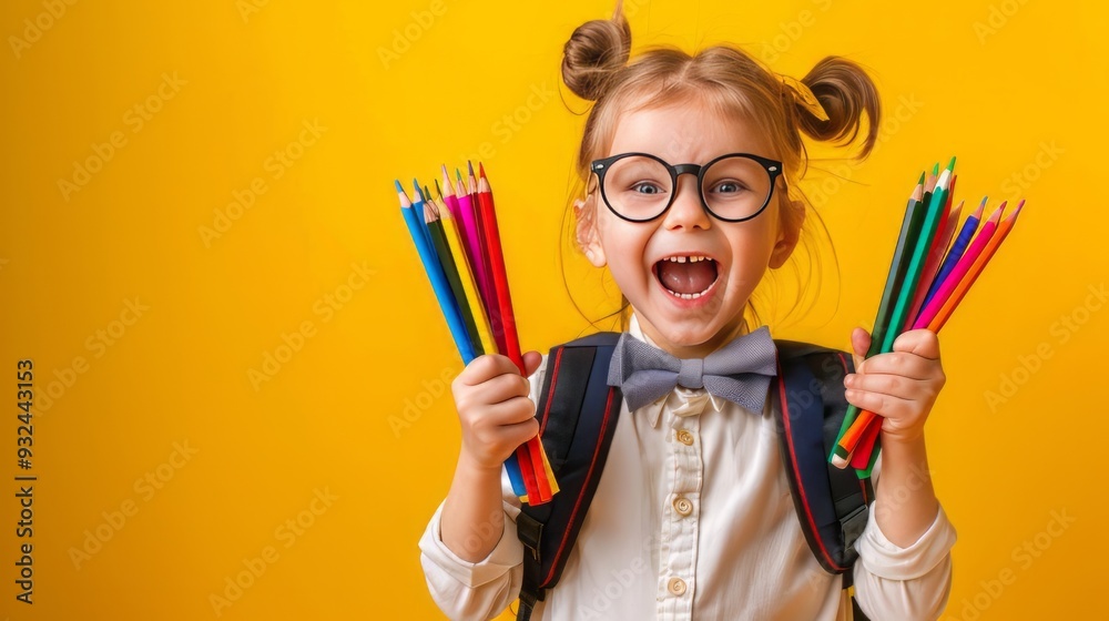 School child in glasses in school uniform holds colored pencils. Banner. emotional surprise face School child in glasses in school uniform holds colored pencils. Banner. emotional surprise face