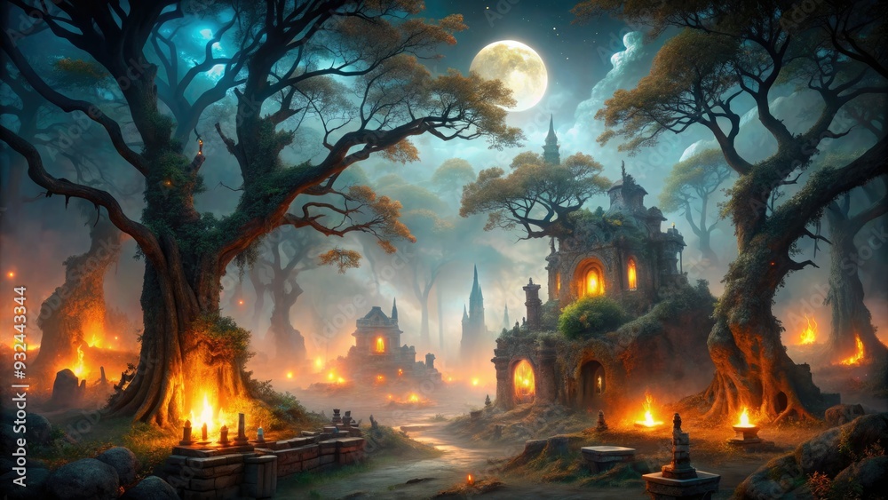 Mystical flames engulf a misty, moonlit forest, casting an ethereal glow on gnarled trees and ancient, crumbling ruins, evoking a sense of magic and wonder. Mystical flames engulf a misty, moonlit forest, casting an ethereal glow on gnarled trees and ancient, crumbling ruins, evoking a sense of magic and wonder.