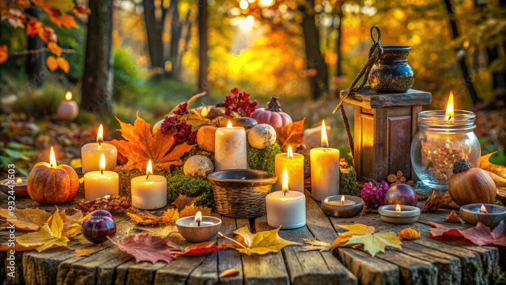Mystical pagan altar with candles, crystals, and various ritualistic objects surrounded by autumnal foliage, evoking a sense of mystical reverence and spiritual connection.