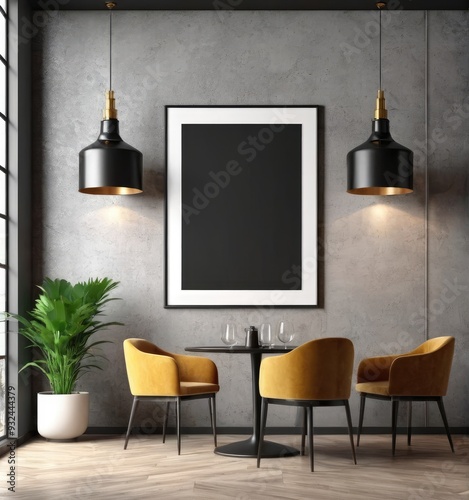 poster frame mock-up on modern interior cafe restaurant background 3d rendering
