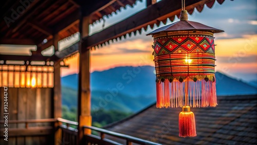 handmade, cloth lantern, second floor, illuminated, pattern, celebration, colorful, tribal, traditional, Hill Tribe Cloth Lantern Hanging on The Second Floor of The Building Silhouette photo