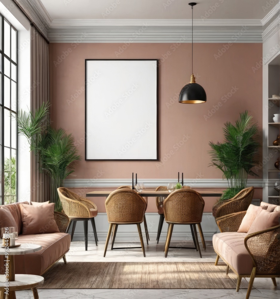 poster frame mock-up on modern interior cafe restaurant background 3d rendering