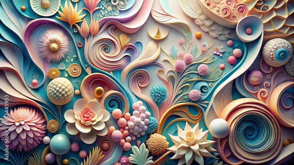 Delicate paper forms take flight in a whimsical dance, suspended in mid-air, where abstract shapes entwine with organic patterns, bathed in soft pastel hues. Delicate paper forms take flight in a whimsical dance, suspended in mid-air, where abstract shapes entwine with organic patterns, bathed in soft pastel hues.