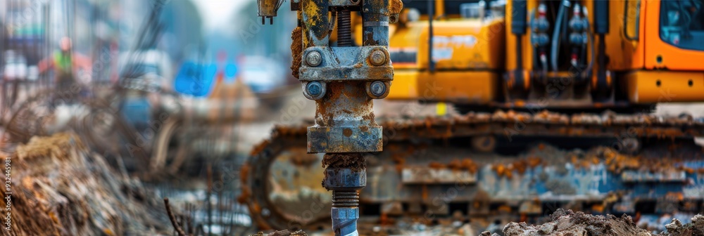 Detailed view of heavy-duty machinery used in construction, featuring a rotary drilling machine. Detailed view of heavy-duty machinery used in construction, featuring a rotary drilling machine.