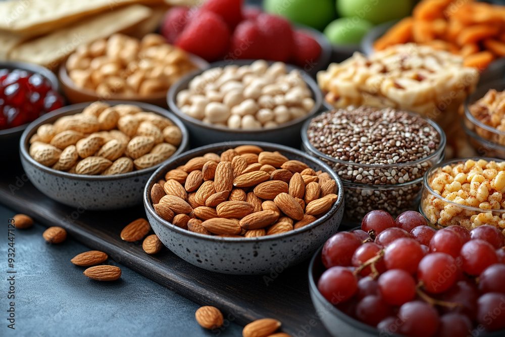 A close-up of healthy snacks like nuts seeds and fruit A close-up of healthy snacks like nuts seeds and fruit