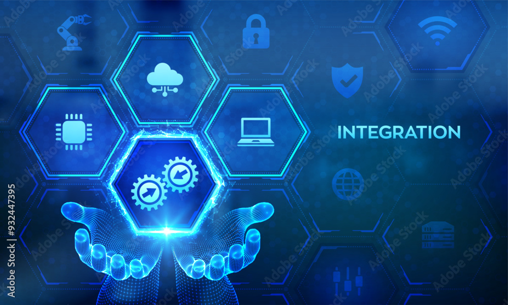 Integration data system. System Integration technology concept in wireframe hands. Industrial and smart technology. Business and automation solutions. Vector illustration. Integration data system. System Integration technology concept in wireframe hands. Industrial and smart technology. Business and automation solutions. Vector illustration.