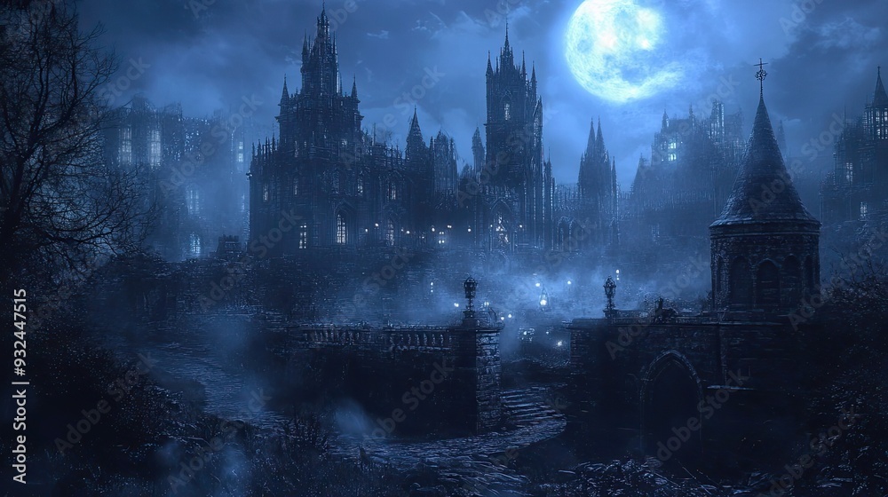 Fototapeta premium A Gothic Castle Silhouetted Against a Full Moon