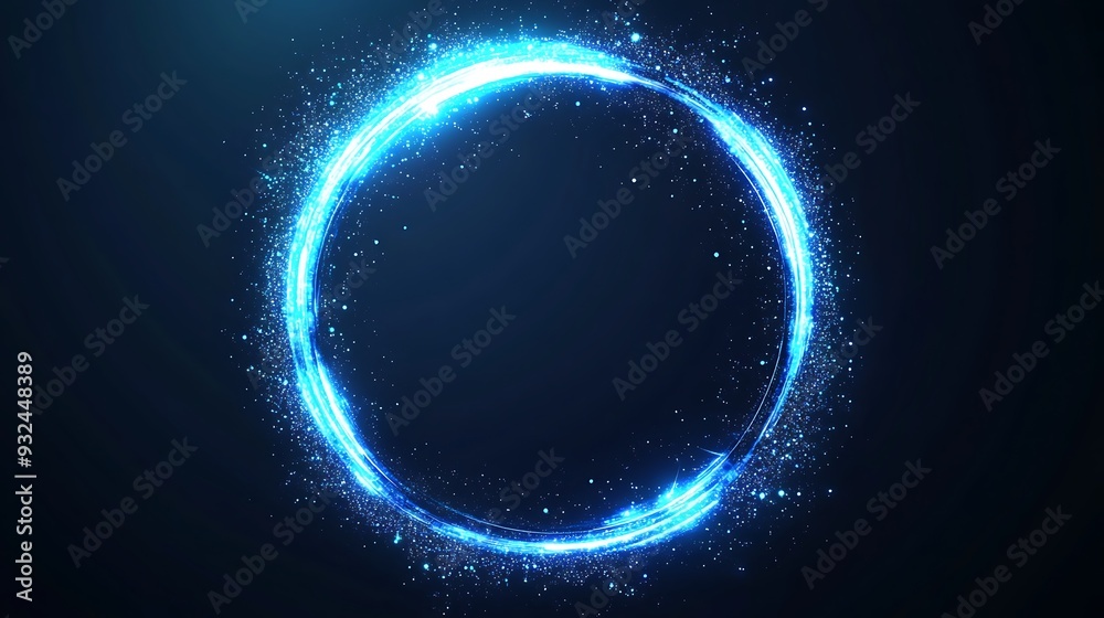 Abstract blue glowing circle with light effects on dark background. Abstract blue glowing circle with light effects on dark background.