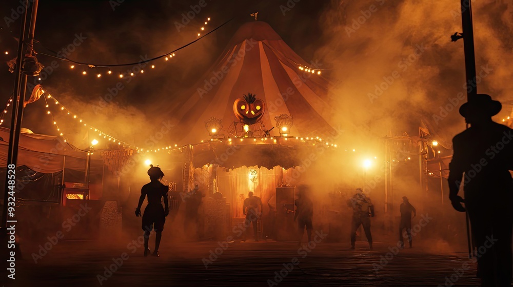 Fototapeta premium A lone figure walking towards a foggy, illuminated circus tent with a jack-o-lantern decoration