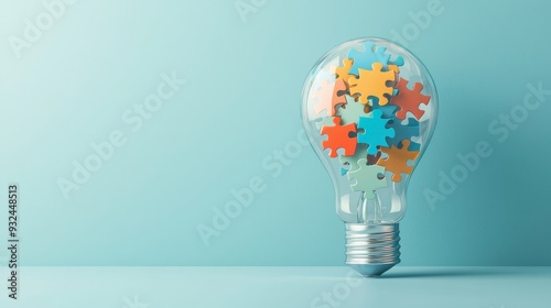 A creative light bulb filled with colorful puzzle pieces, symbolizing ideas, creativity, and problem-solving.