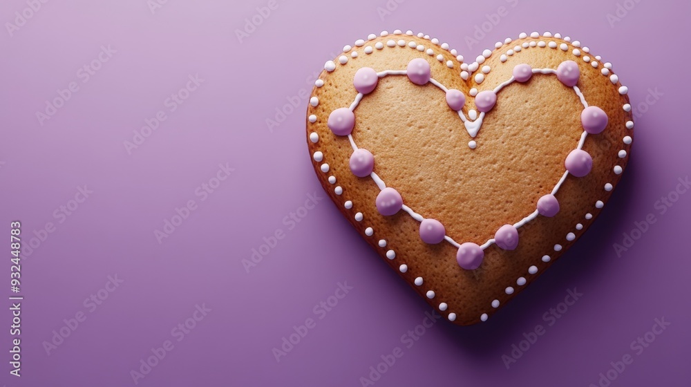 Obraz premium Oktoberfest gingerbread heart with icing, purple background, 3D Blender Style, cute minimal