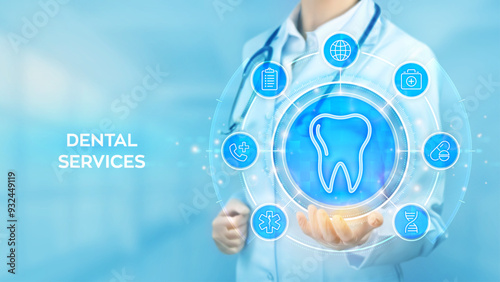 Dental servises. Dentistry concept. Dental insurance. Dental care, taking care of teeth. Doctor holding in hand tooth icon and medicine icons network connection on virtual screen. Vector illustration.