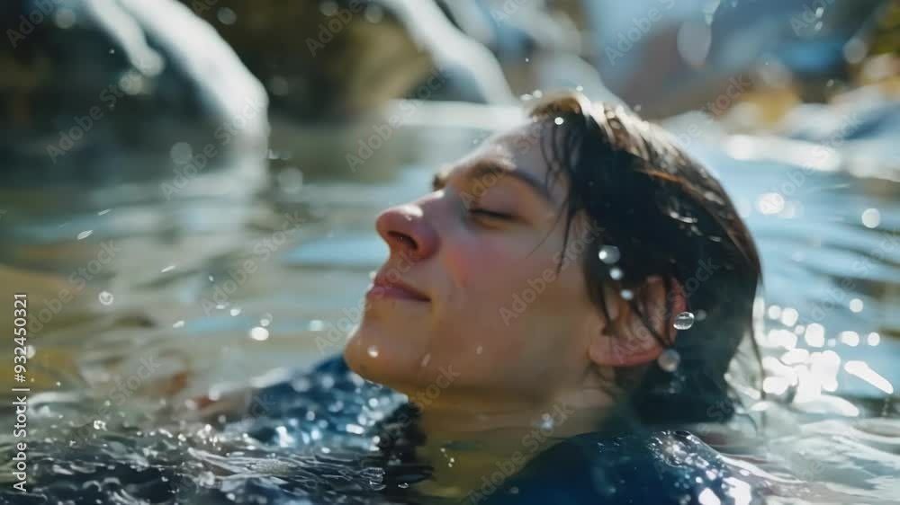 Young man is taking an ice bath in a mountain river, enjoying the benefits of cold therapy. He is submerged in the cold water with his eyes closed Young man is taking an ice bath in a mountain river, enjoying the benefits of cold therapy. He is submerged in the cold water with his eyes closed