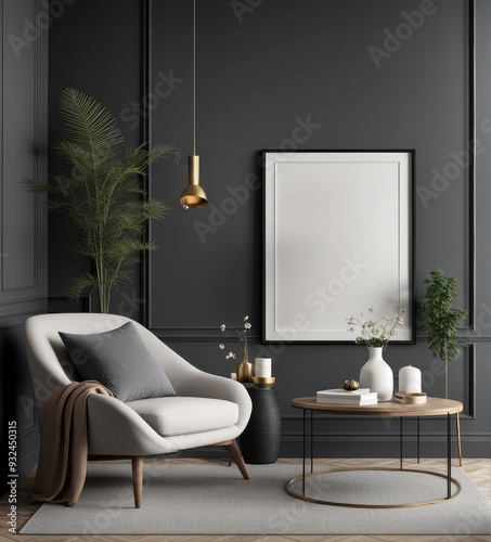 poster frame mock-up on modern living room interior. minimalist fucnitures
