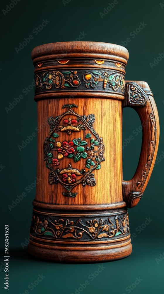 Cute wooden beer stein with folk art, green background, 3D Blender Style, close-up Cute wooden beer stein with folk art, green background, 3D Blender Style, close-up