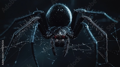 A black widow spider on a web, eerie, detailed, dark, venomous, ominous photo