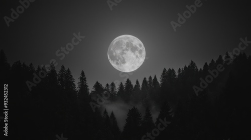 A full moon over a haunted forest, shadowy, mystical, dark, eerie, atmospheric