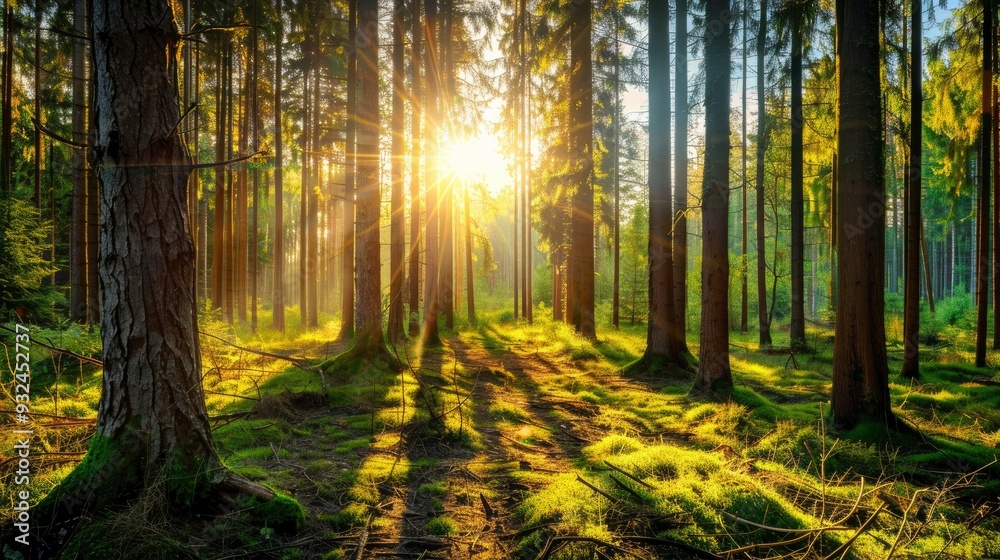 Obraz premium Beautiful forest panorama with bright sun shining through the trees , ai