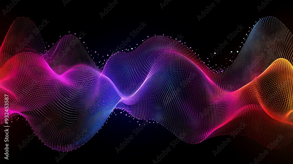 Fototapeta premium Abstract colorful wavy lines on black background with glowing particles.