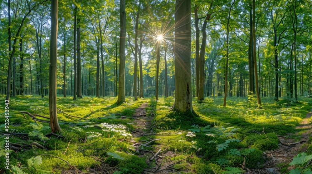 Beautiful forest panorama with bright sun shining through the trees , ai Beautiful forest panorama with bright sun shining through the trees , ai