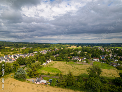 Aerial view of agricultural farmland in rural Wales on a stormy summer day photo