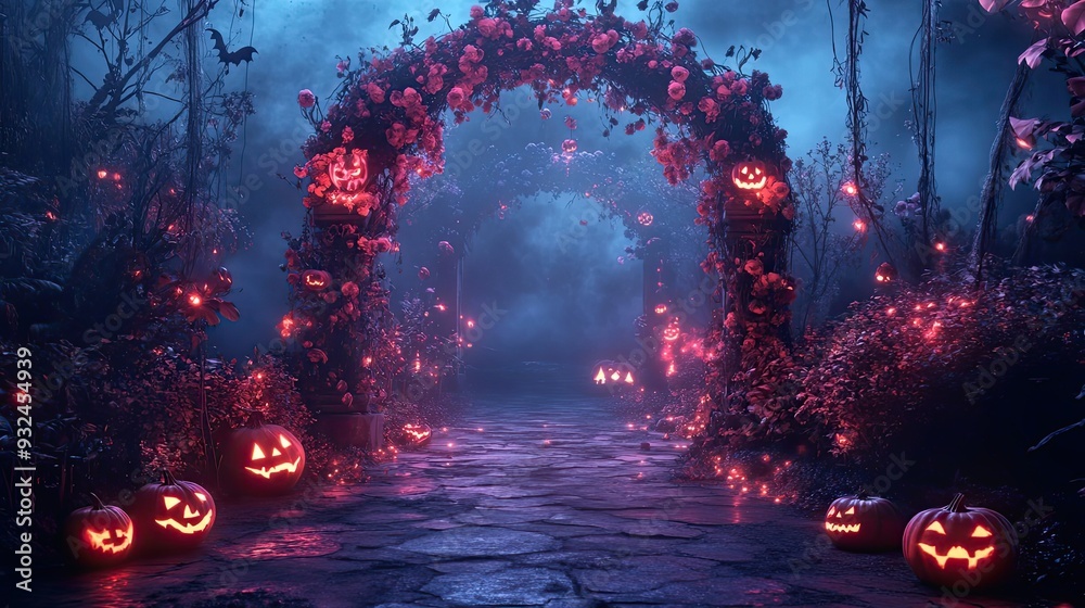 Fototapeta premium Illuminated Jack-O'-Lanterns Underneath a Halloween Floral Archway