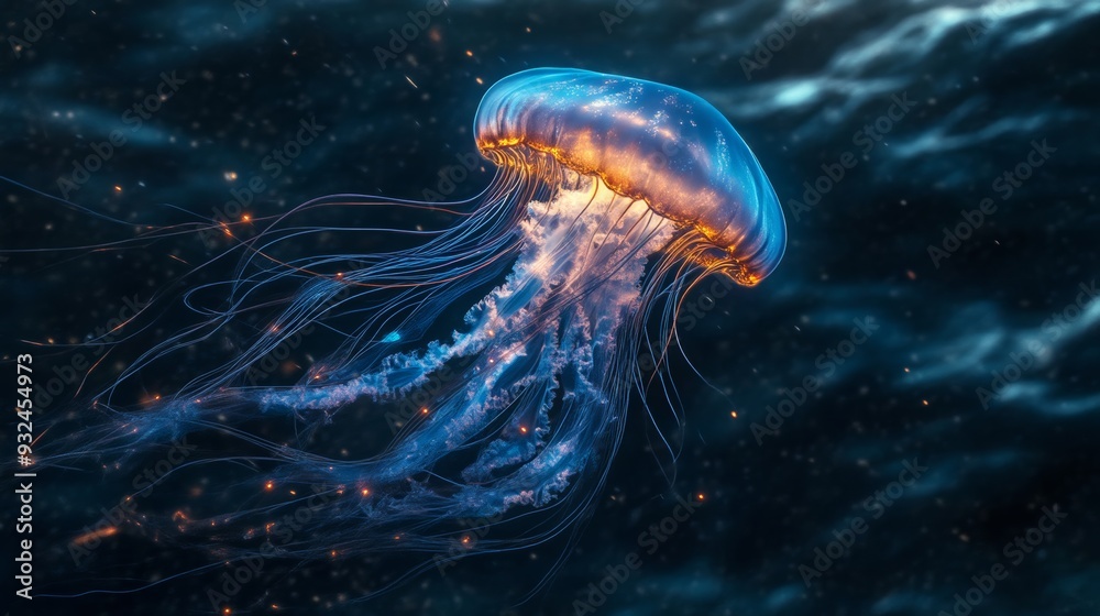 Naklejka premium Bioluminescent jellyfish glowing underwater in the