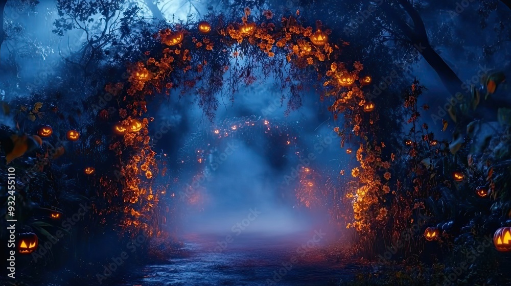Fototapeta premium A Mystical Halloween Archway of Lit Pumpkins in a Foggy Forest