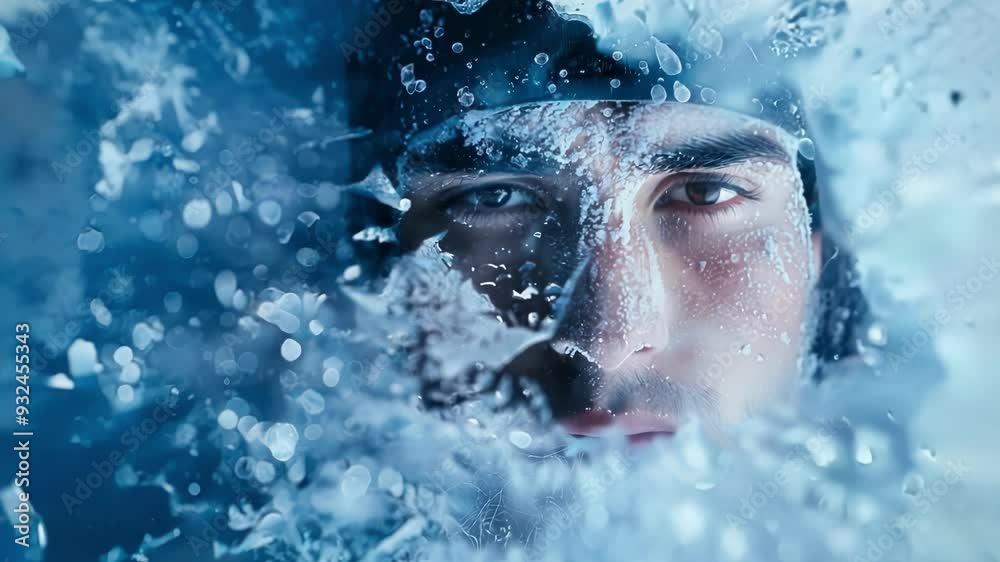 Athlete with an ice covered face is taking a break from training in the extreme cold, his breath creating a cloud of condensation Athlete with an ice covered face is taking a break from training in the extreme cold, his breath creating a cloud of condensation