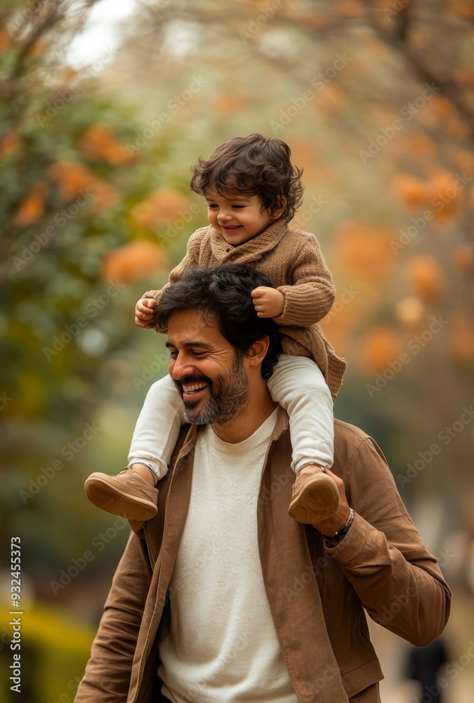Fototapeta premium A dad holding his child on his shoulders as they walk through a park, both smiling and enjoying the day together