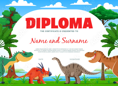 Kids diploma with prehistoric dinosaurs or funny dino characters, vector certificate template. Kids school workshop or kindergarten education class diploma certificate with dinosaurs in Jurassic park
