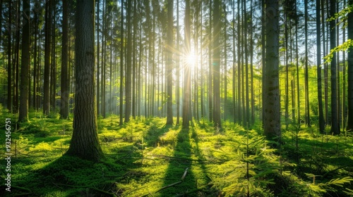 Beautiful forest panorama with bright sun shining through the trees , ai