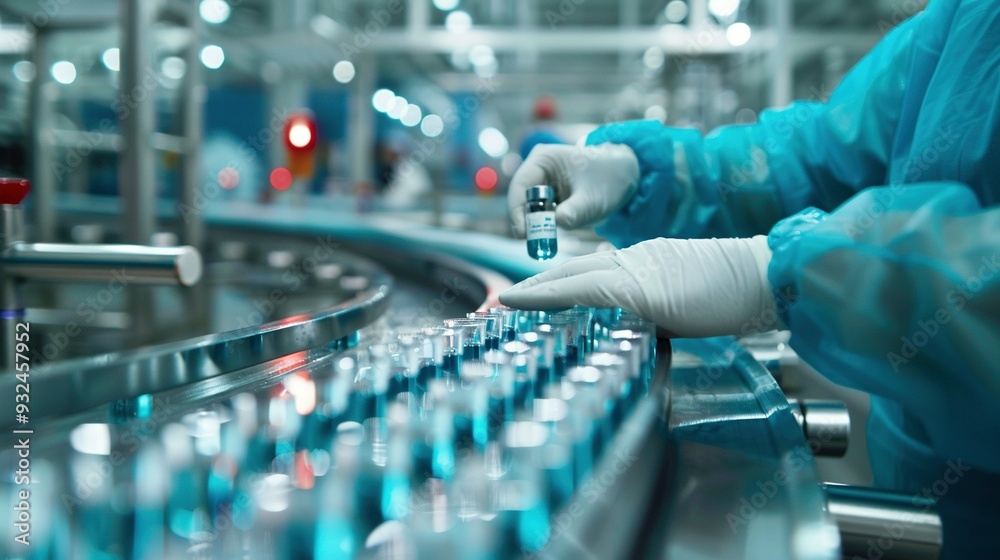 Gloved Hand Placing Vial on Conveyor Belt in Pharmaceutical Factory
