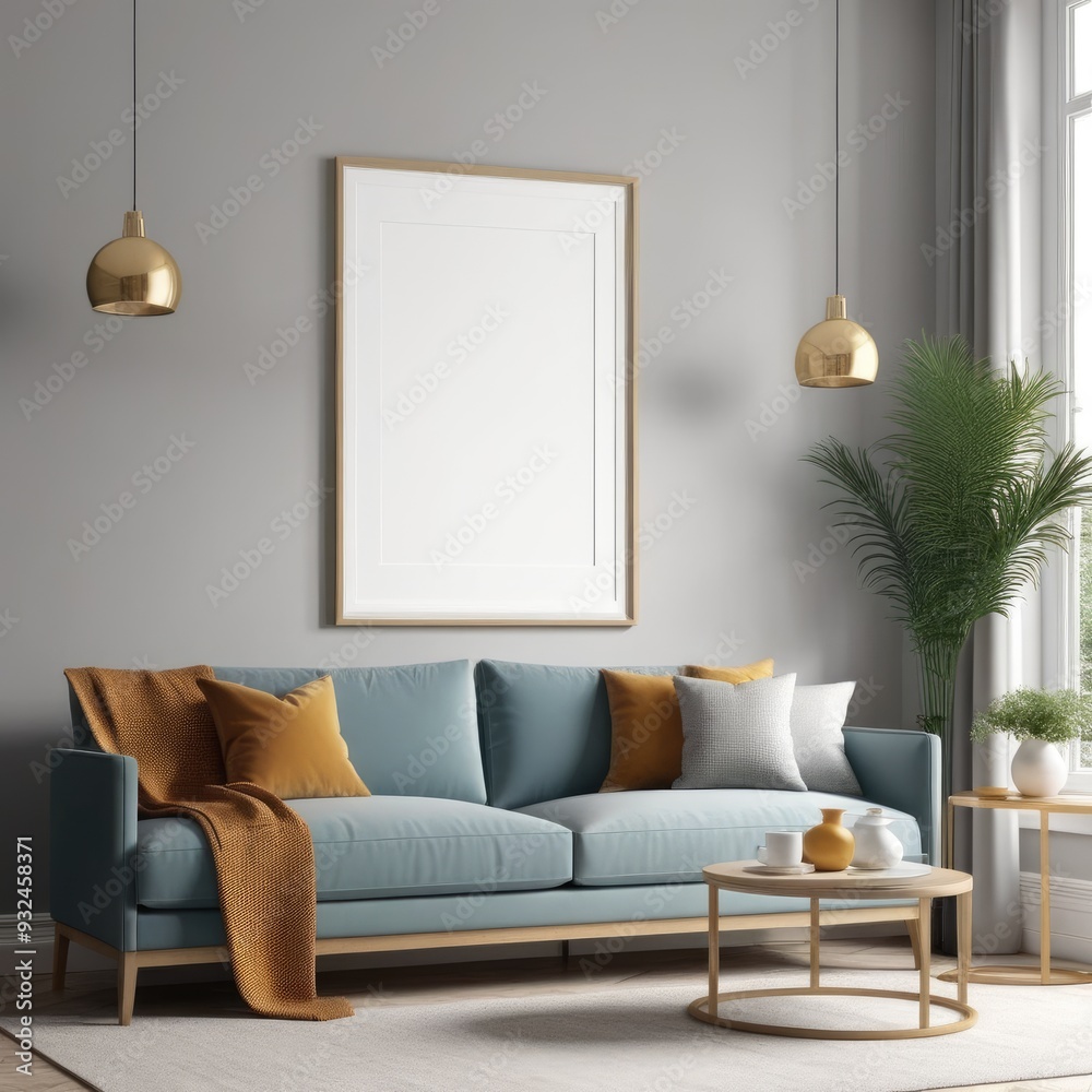 poster frame mock-up on modern living room interior. minimalist fucnitures