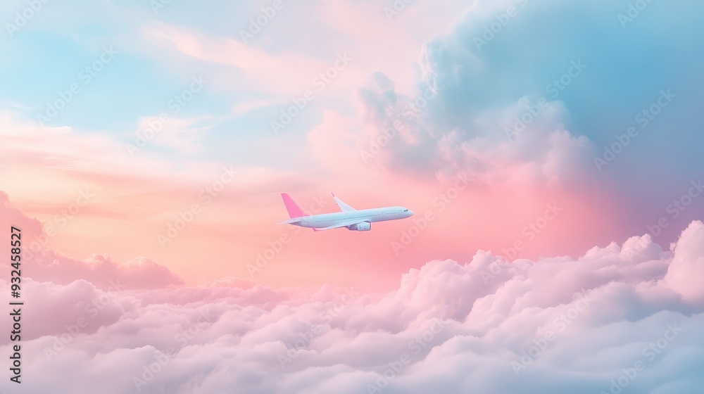 A pink and white airplane flying through a pink and white sky A pink and white airplane flying through a pink and white sky