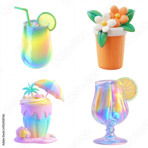 set of fun 3d cocktails and tropical drinks. soft glossy inflated style on white background.