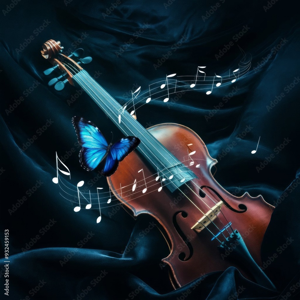 Fototapeta premium Violin with vibrant yellow Morpho butterfly gracefully perched on its neck. Notes and staff around