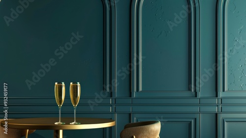 Two Champagne Flutes on a Golden Table in a Teal Room