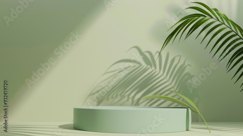 Minimalist Green Podium with Palm Leaf Shadow