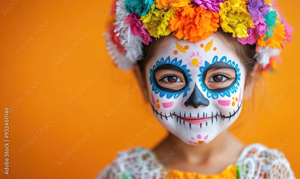 Close-Up of Happy Child in Calavera Katrina Costume with Face Painting for Halloween