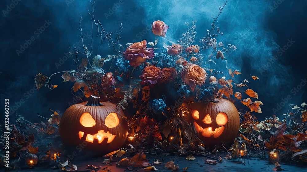 Naklejka premium Jack-o'-lanterns Surrounded by Withered Flowers and Fog
