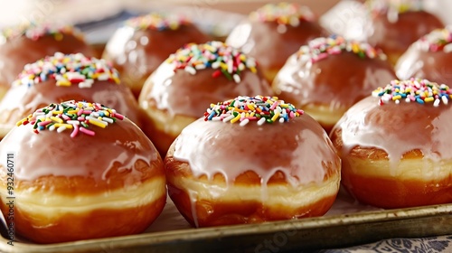 Tray of freshly baked donuts glazed and topped with colorful sprinkles for a sweet food treat