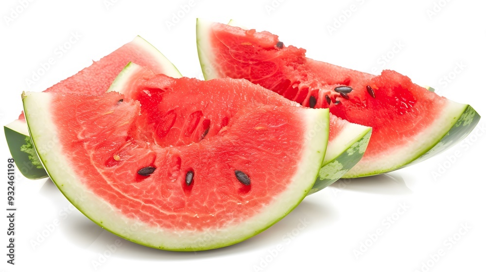 Close-up of juicy watermelon wedges with bite marks, emphasizing the freshness and delicious appearance of the fruit with visible bites taken out. Close-up of juicy watermelon wedges with bite marks, emphasizing the freshness and delicious appearance of the fruit with visible bites taken out.