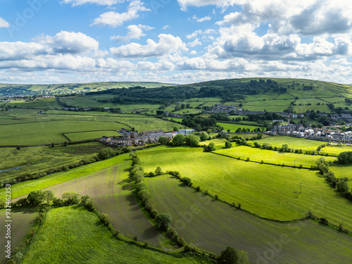 Farms and Fields over Cononley and River Aire from a drone, Keighley, North Yorkshire, England