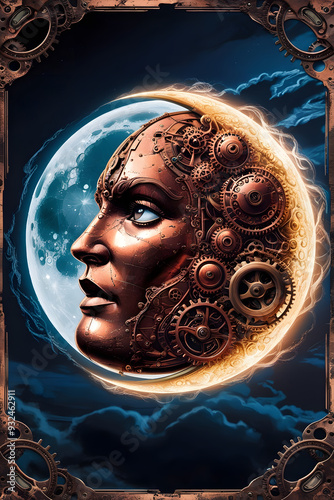 Steampunk female face in the moon using coppery tones photo