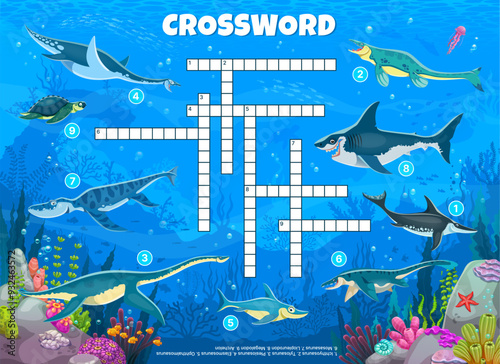 Crossword quiz game grid with underwater prehistoric dinosaurs and reptiles, cartoon vector. Kids crossword game worksheet to guess words of dinosaur reptiles in ocean or Jurassic underwater animals